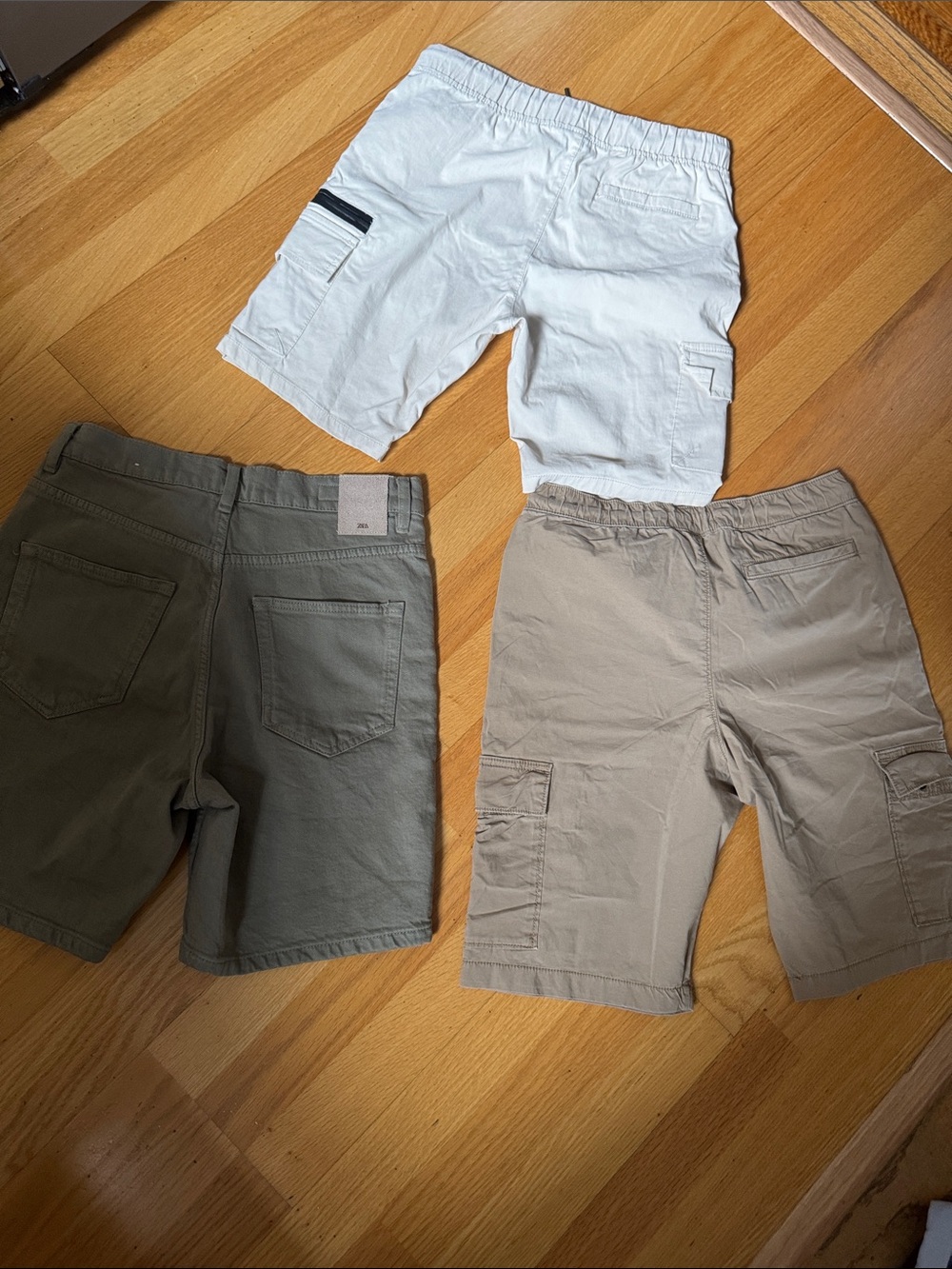 Zara BoysShorts in Olive, Khaki Abercrombie and cream Rings of fire.